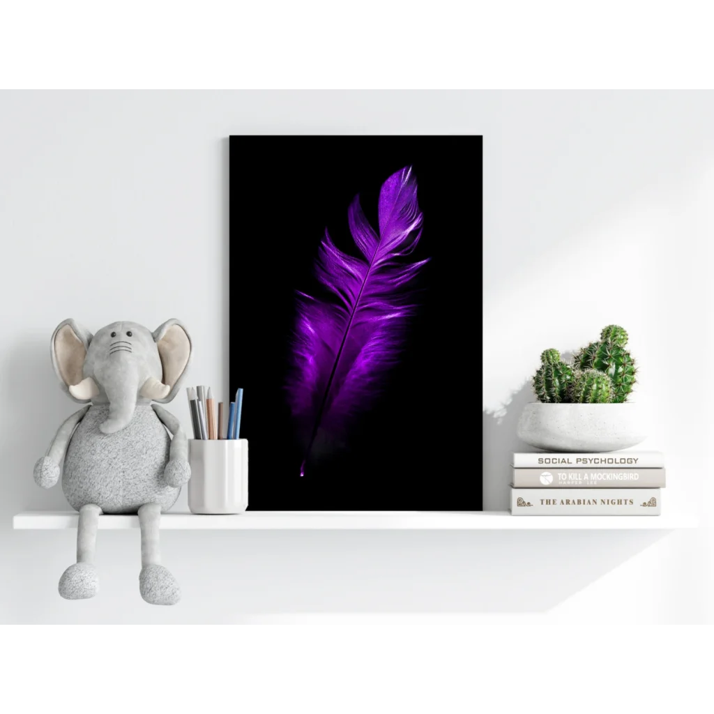 Vibrant purple feather on black canvas insigne aluminum print