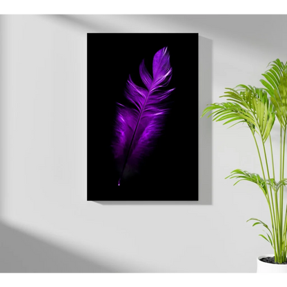 Vibrant purple feather on insigne aluminum prints black canvas art