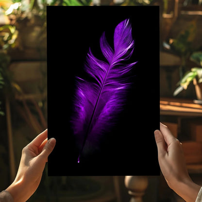Vibrant purple feather held by hands on insigne aluminum prints