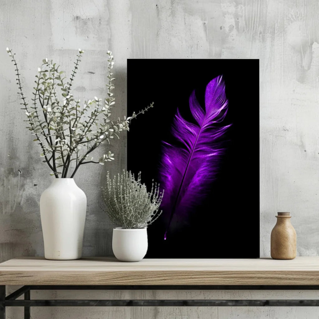 Vibrant purple feather on insigne aluminum print, black background