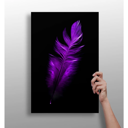Vibrant purple feather insigne aluminum print on glossy black canvas