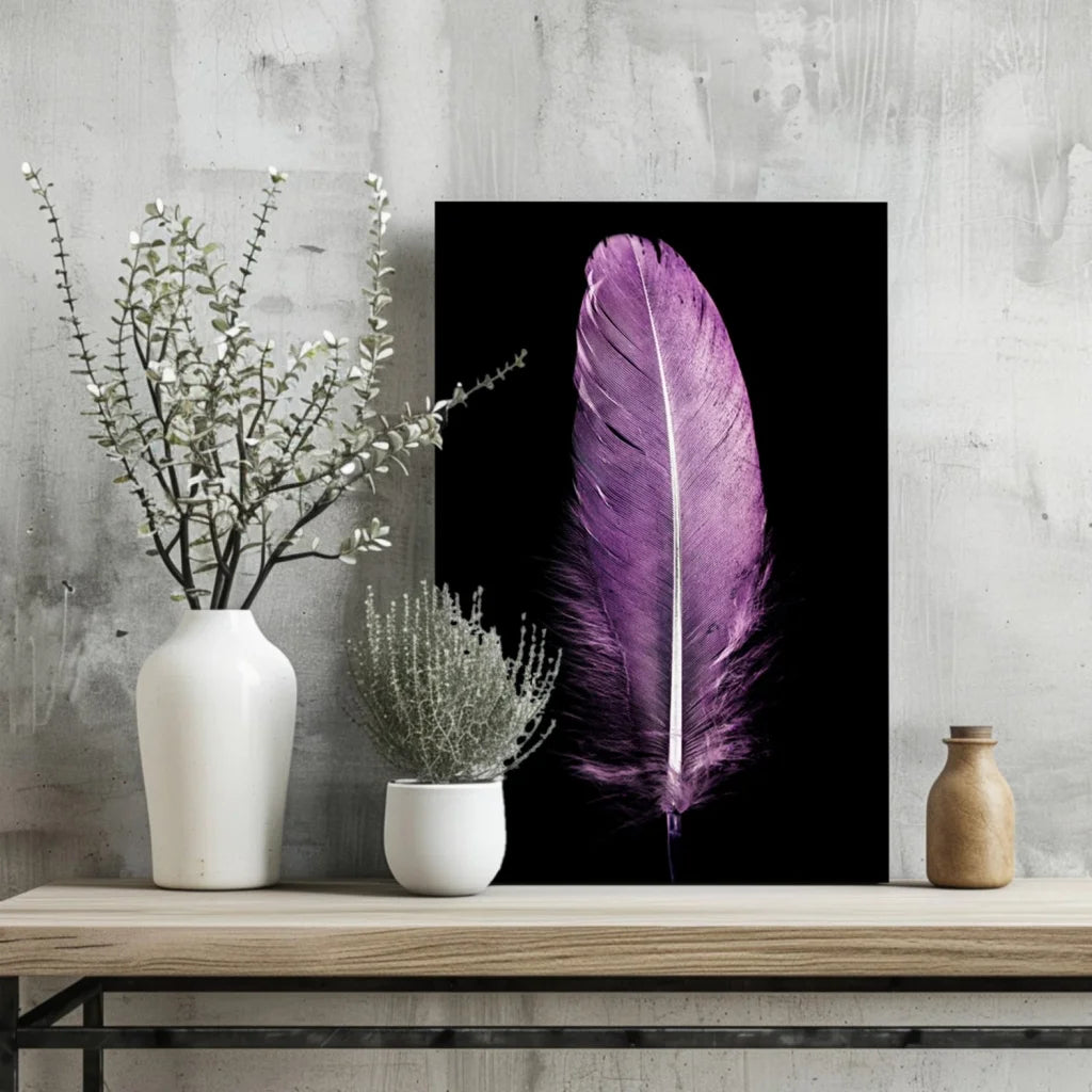 Striking purple feather aluminum print wall art on glossy black background