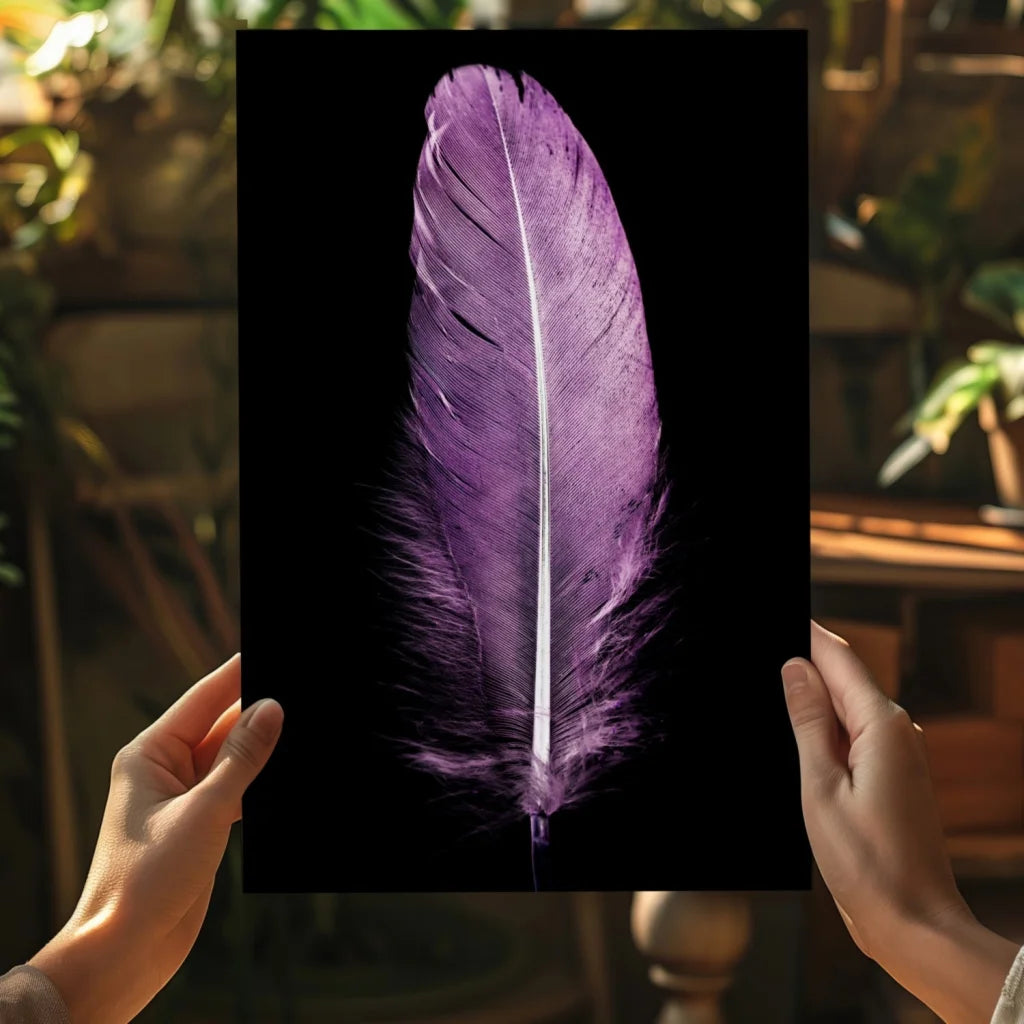 Striking purple feather photo on sleek black canvas wall art