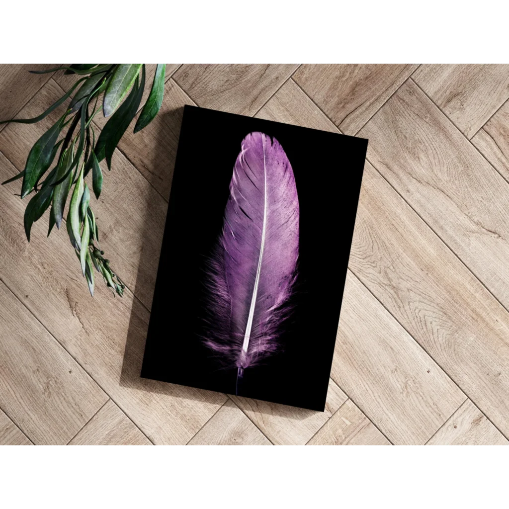 Striking purple feather on black canvas aluminum wall art