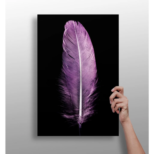 Striking purple feather with metallic sheen on black canvas wall art