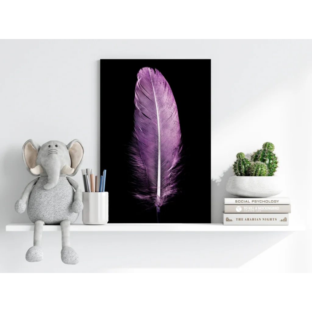 Vibrant purple feather aluminum print wall art on black background