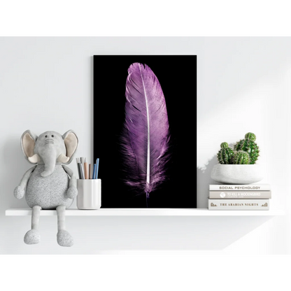 Vibrant purple feather aluminum print wall art on black background
