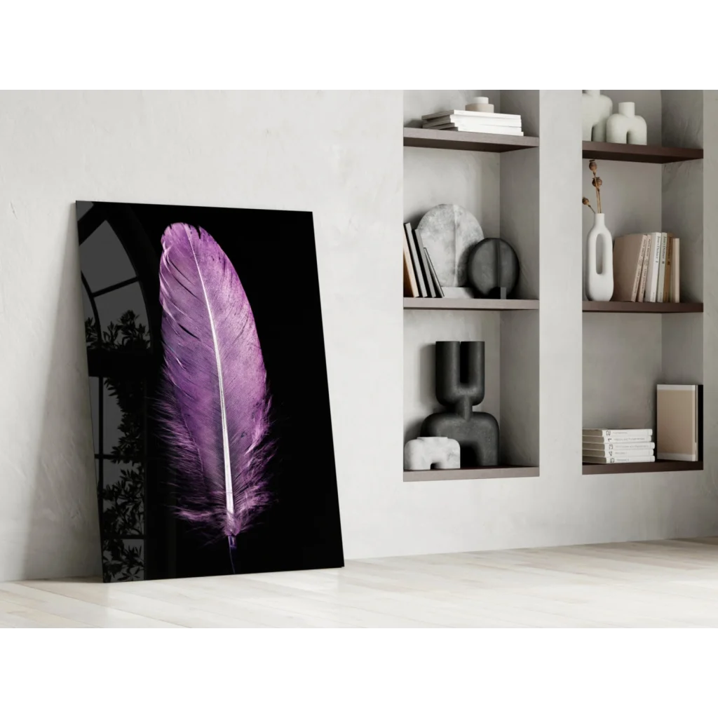 Vibrant purple feather glass wall art on sleek black canvas against white wall