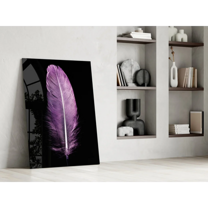 Vibrant purple feather glass wall art on sleek black canvas against white wall