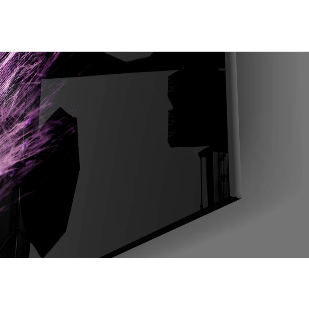 Stunning purple feather glass wall art on black canvas with energy streaks