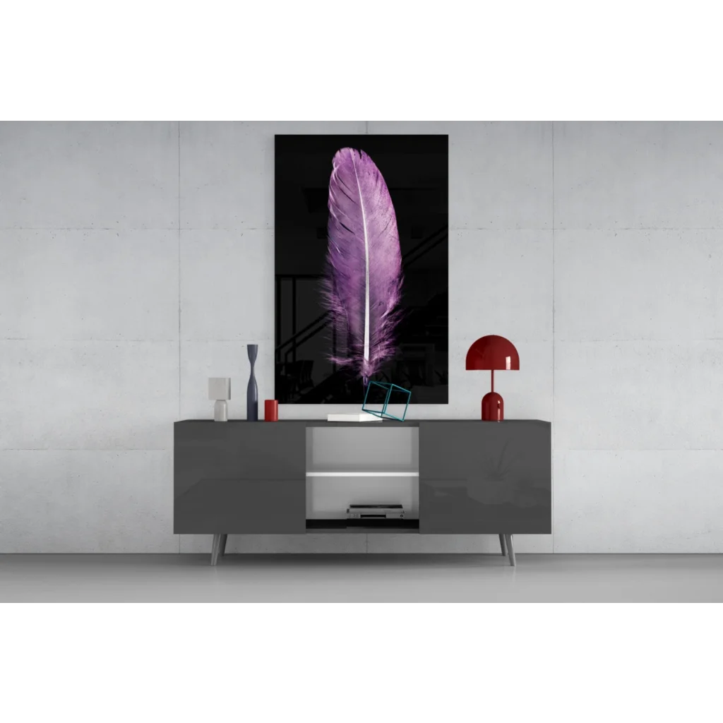Stunning purple feather glass wall art on black canvas above gray console