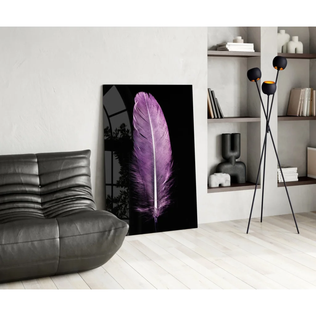 Stunning purple feather glass wall art on black canvas
