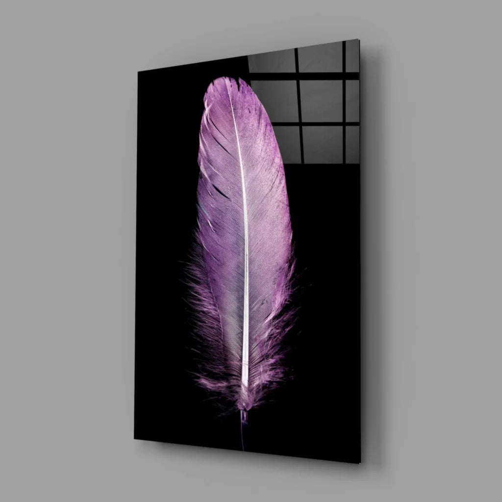 Vibrant purple feather glass wall art on sleek black panel