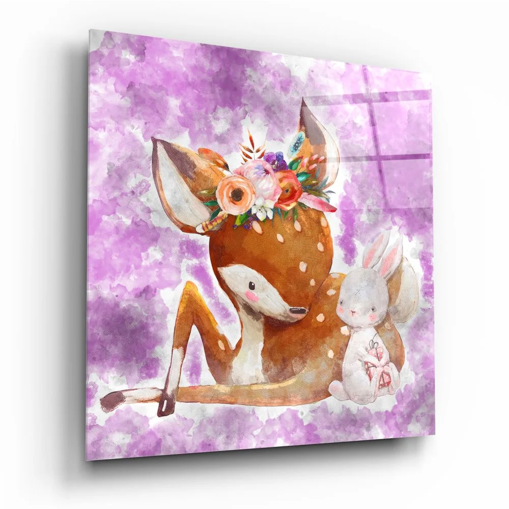 glass wall art Purple floral deer glass wall art with woodland friends