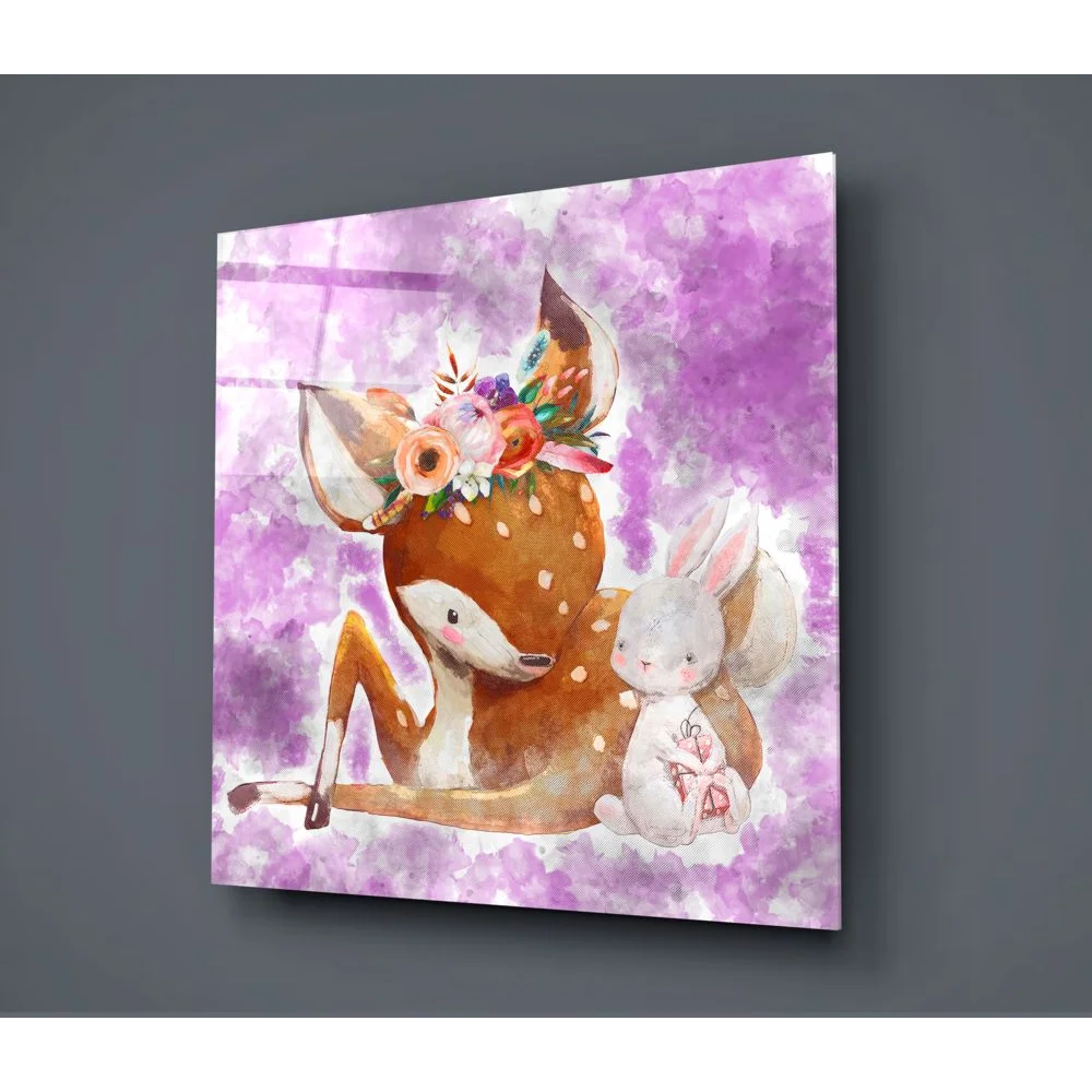 Purple floral deer glass wall art with rabbit companion