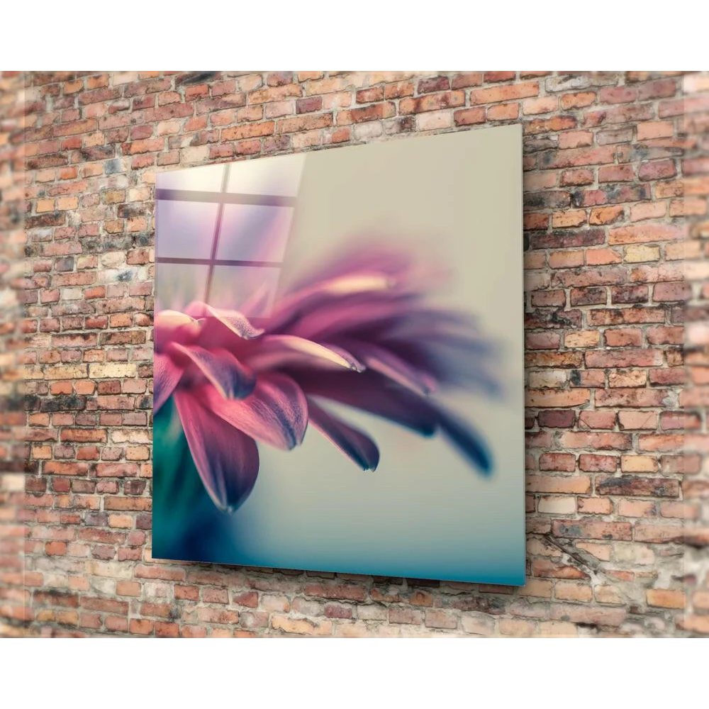 Purple flower glass wall art canvas print on brick wall