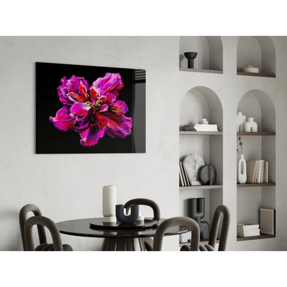 Vibrant magenta purple peony glass wall art in black frame