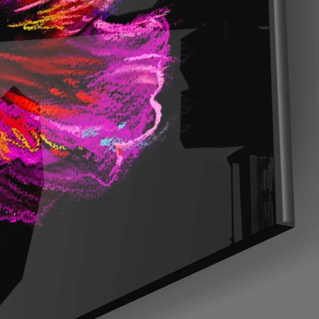 Vibrant glass wall art with swirling magenta pink orange yellow on black canvas