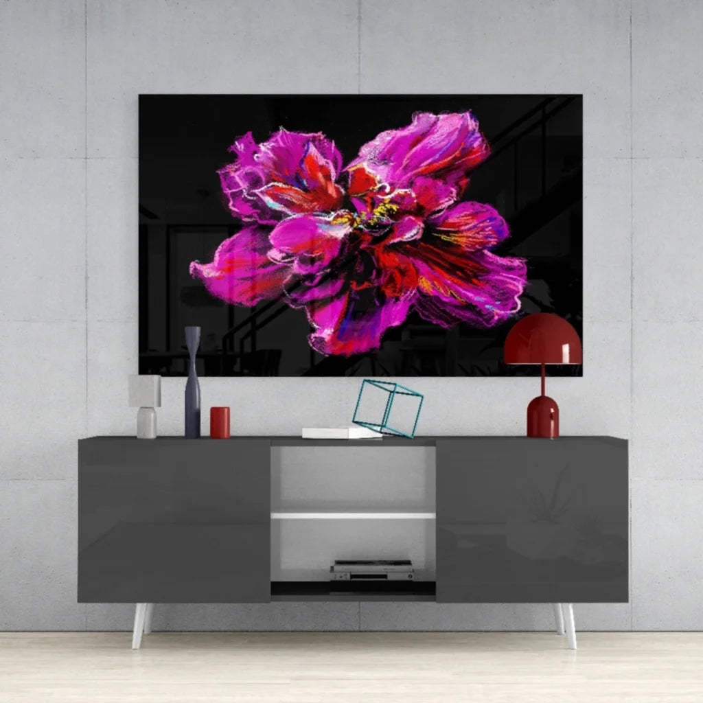 Vibrant purple pink abstract flower glass wall art on black canvas