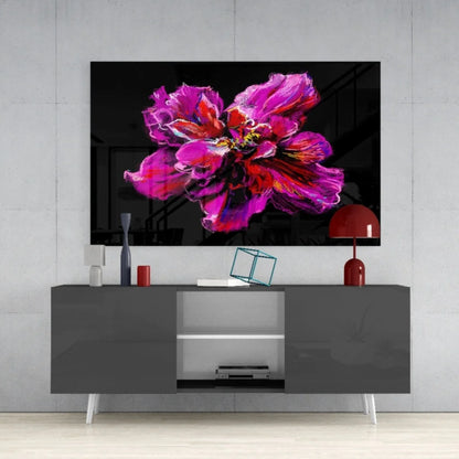 Vibrant purple pink abstract flower glass wall art on black canvas