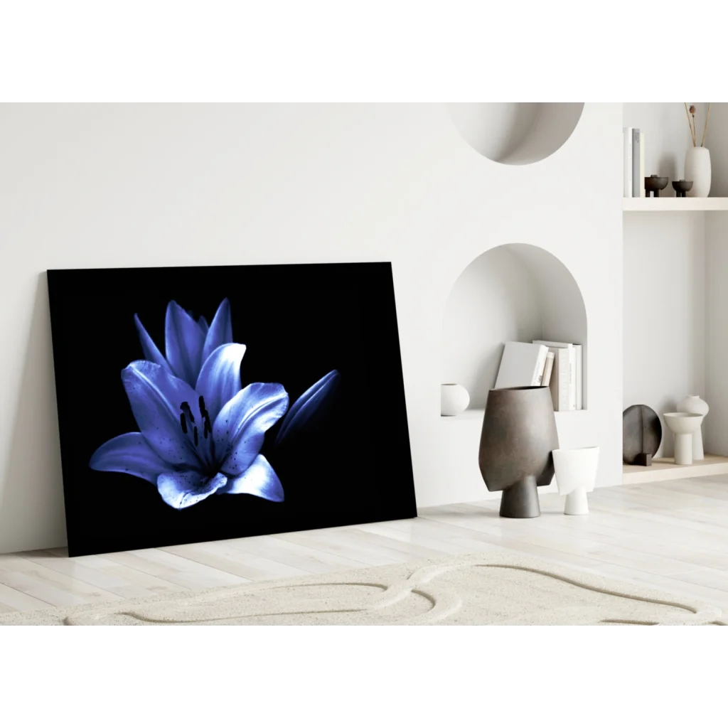 Stunning Blue Lily Glass Wall Art on Black Canvas | Modern Wall Art Decor | vintageantiquesgifts.com