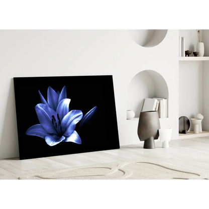 Stunning Blue Lily Glass Wall Art on Black Canvas | Modern Wall Art Decor | vintageantiquesgifts.com