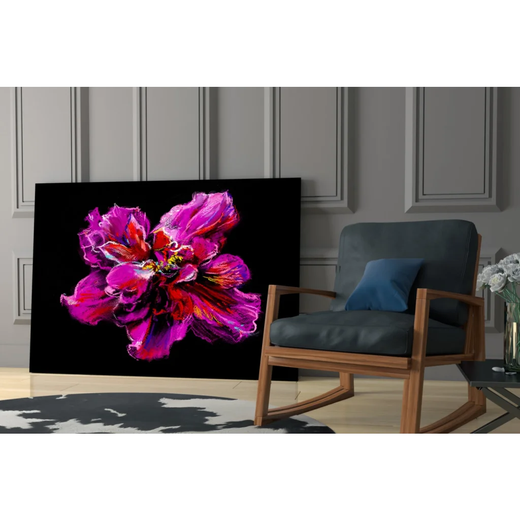 Vibrant magenta fuchsia flower glass wall art on black canvas