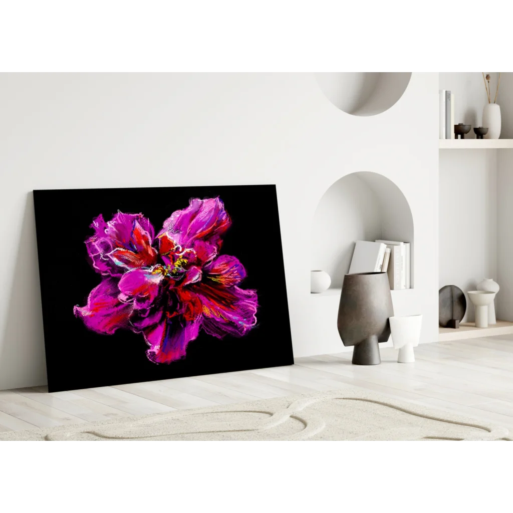 Vibrant purple pink abstract flower glass wall art on black canvas