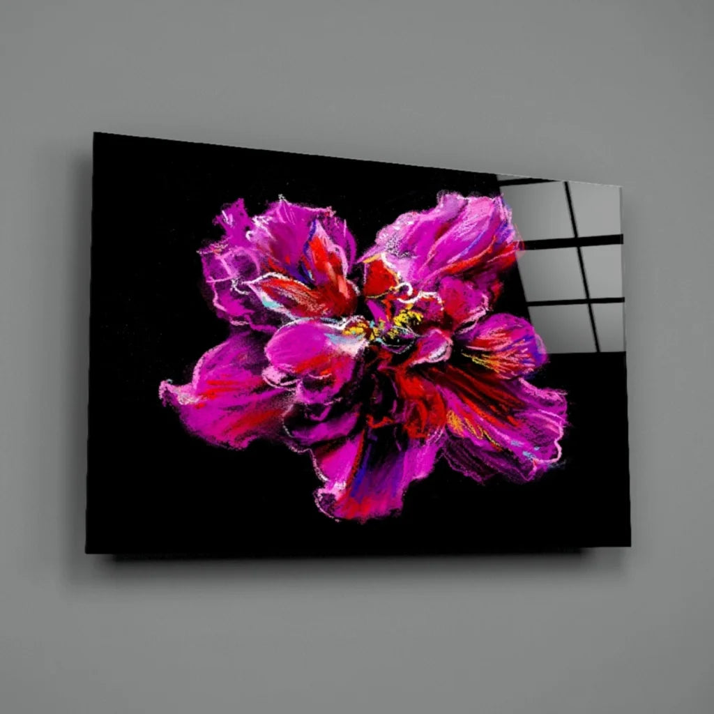 Vibrant magenta fuchsia flower glass wall art on black canvas