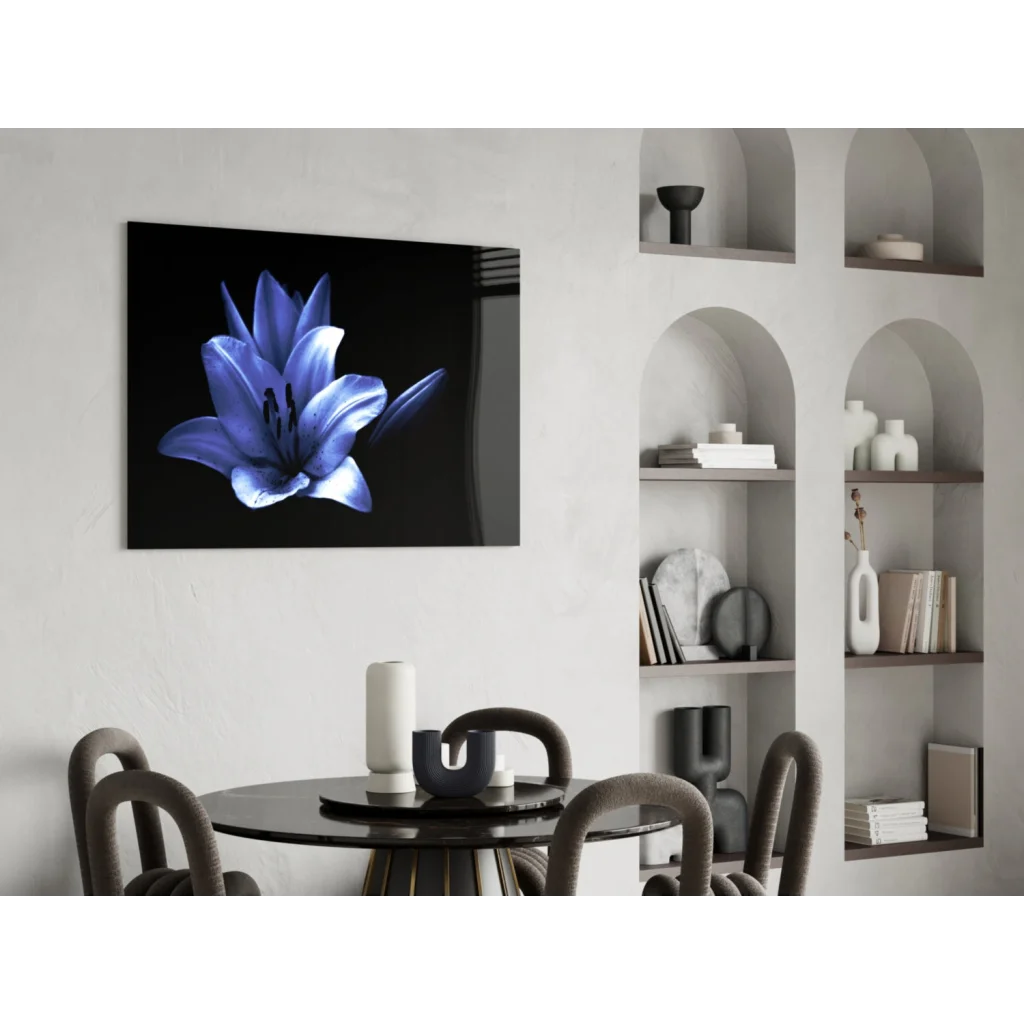 Stunning blue lily glass wall art on sleek black canvas in modern interior