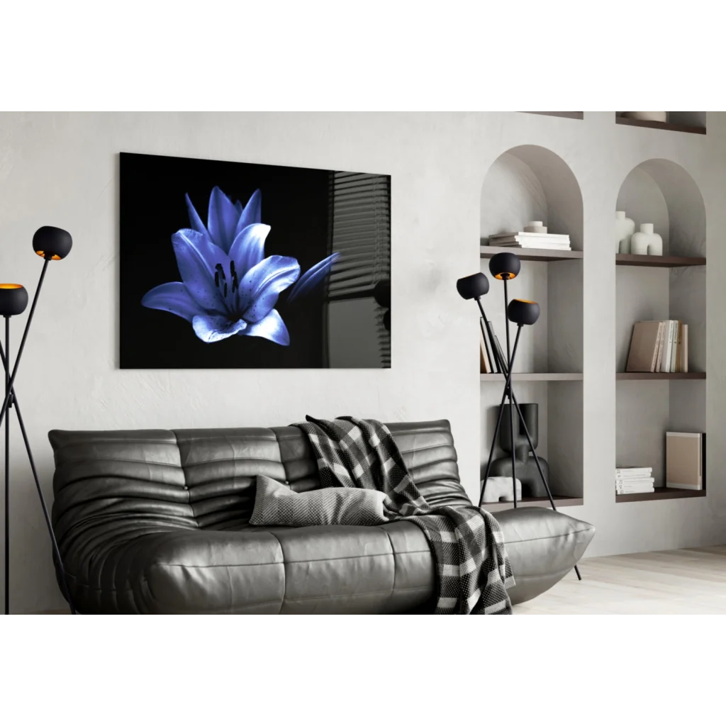 Stunning Blue Lily Glass Wall Art on Black Canvas | Contemporary Home Wall Art | vintageantiquesgifts.com