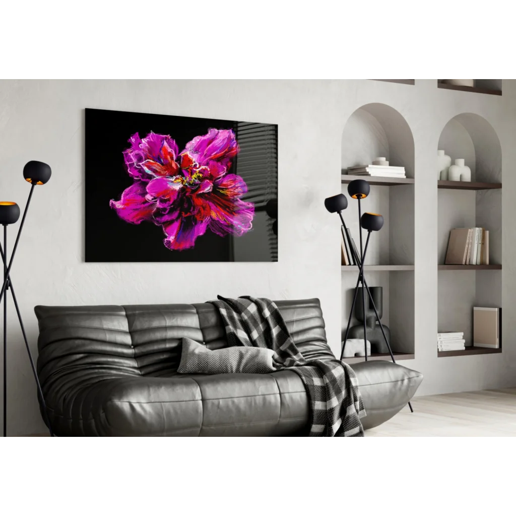 Stunning purple pink peony glass wall art on black canvas
