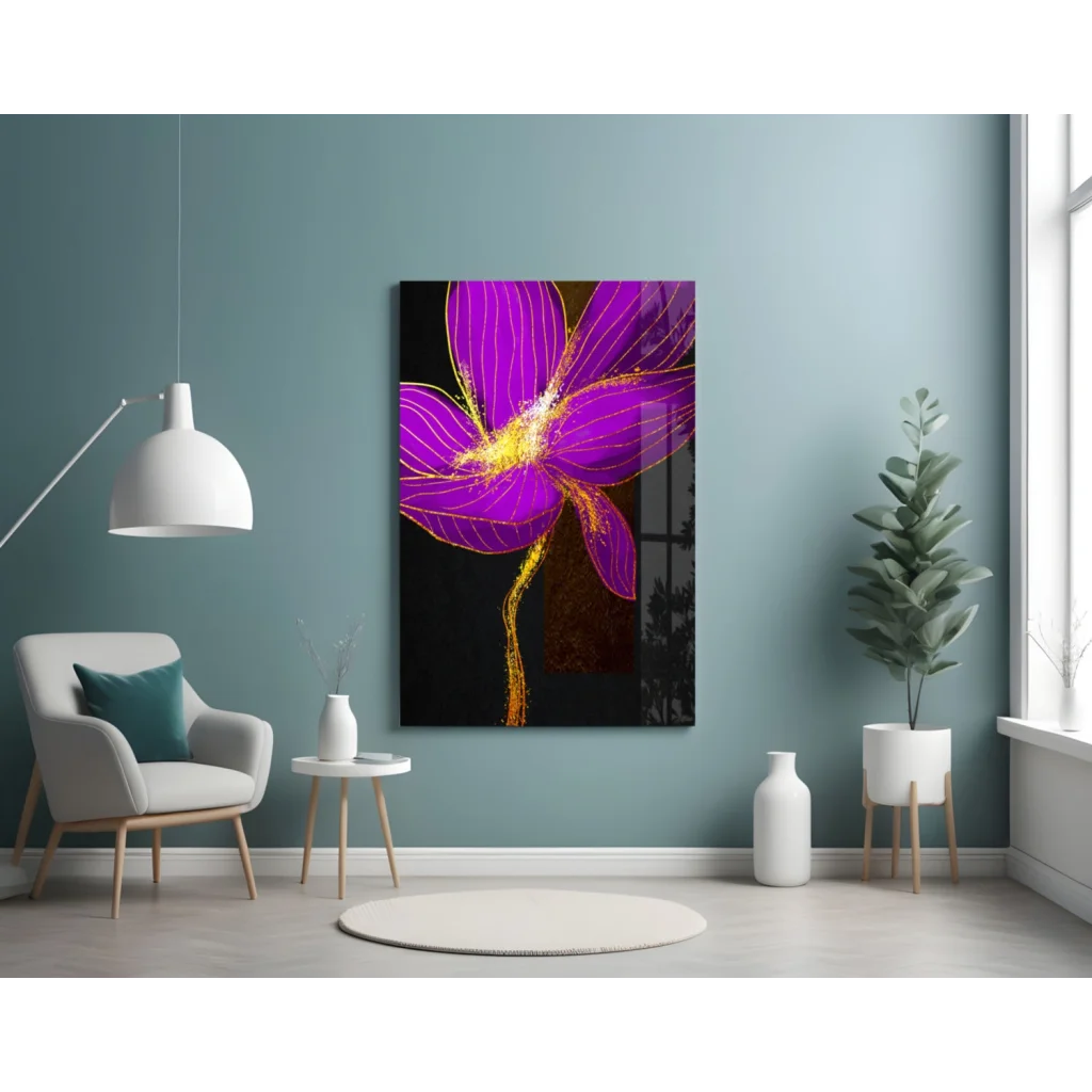Vibrant purple orchid glass wall art with golden glow accents on teal wall