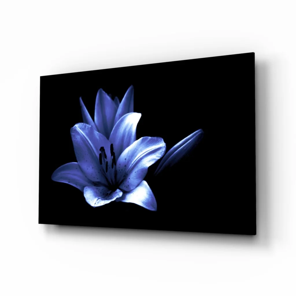 Stunning Blue Lily Glass Wall Art on Black Canvas | Insigneart USA | vintageantiquesgifts.com