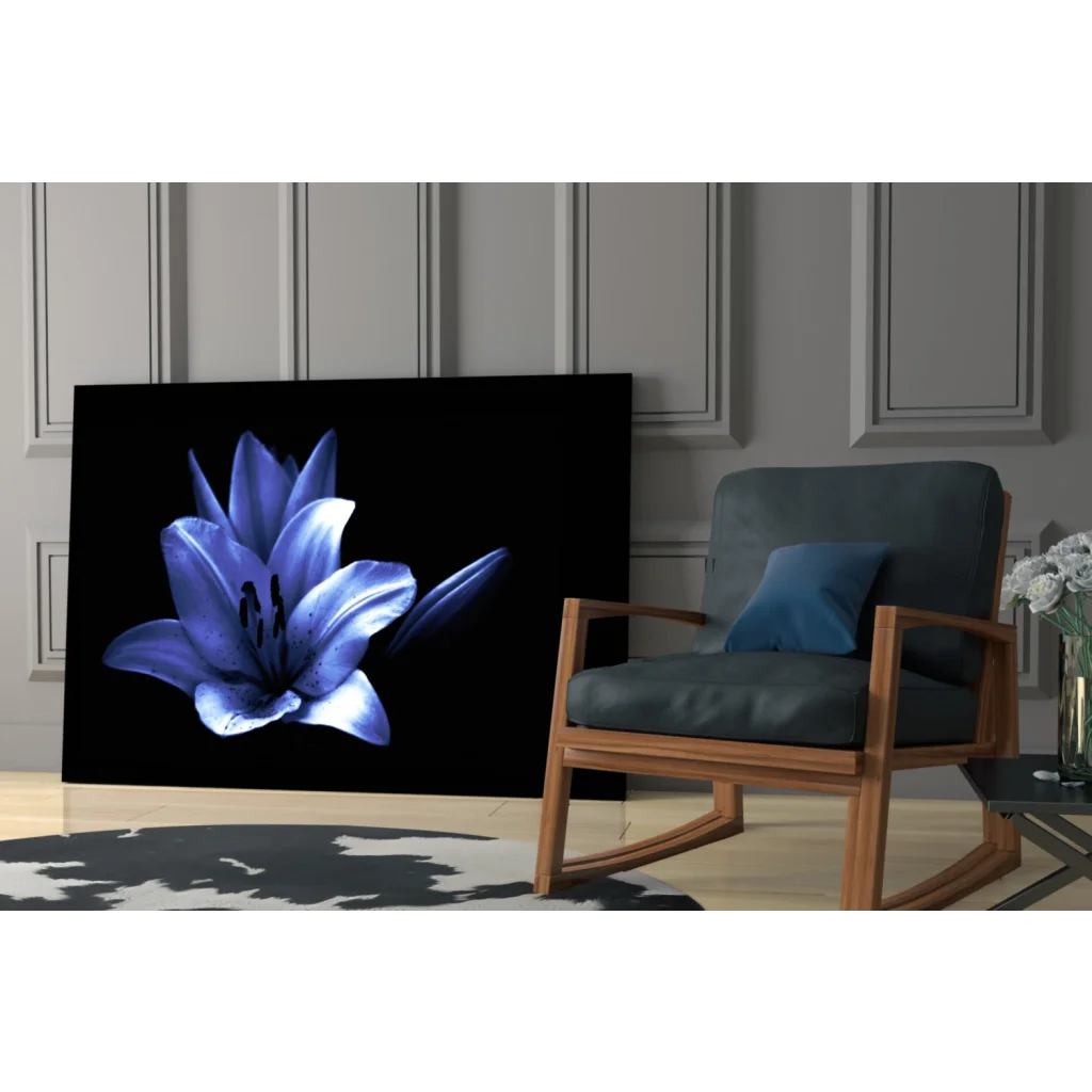 Stunning blue lily glass wall art on black canvas with glowing petals