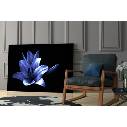 Stunning blue lily glass wall art on black canvas with glowing petals