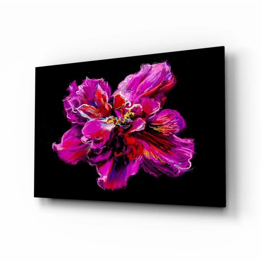 Vibrant purple pink flower glass wall art on black canvas