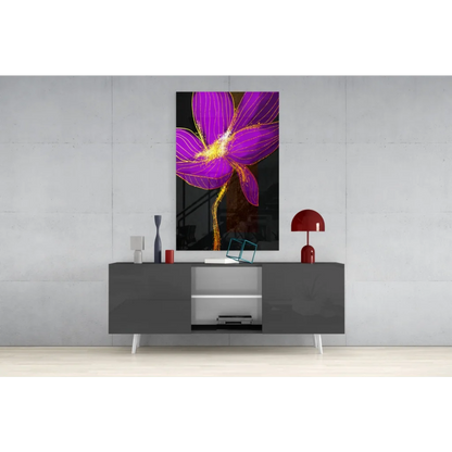Vibrant purple orchid glass wall art with golden glow accents
