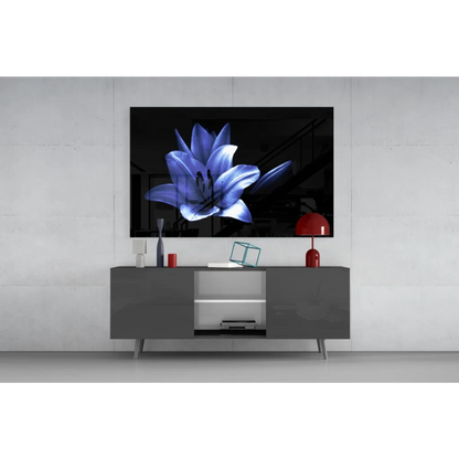 Stunning blue lily glass wall art on glossy black canvas