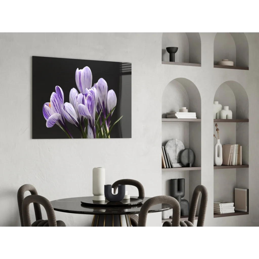 Stunning purple crocus wall art canvas on black background