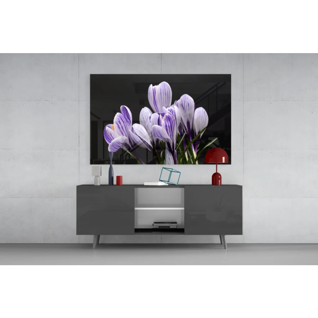 Purple crocuses on sleek TV as stunning wall art