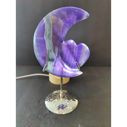 Purple fluorite half-moon and heart sculpture in teal and purple agate on 5 inch metal stand