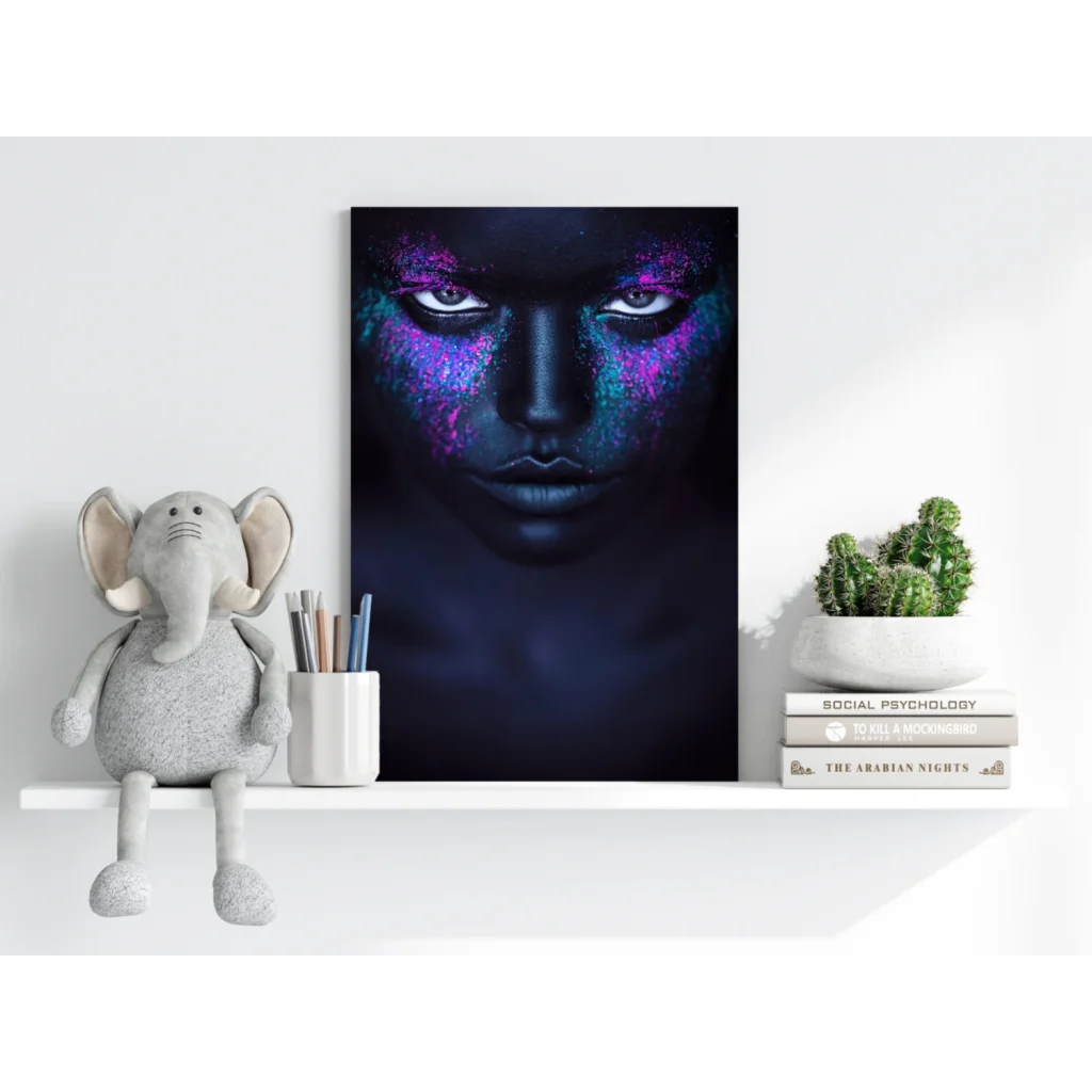 Purple galaxy neon face canvas art print with glitter effect