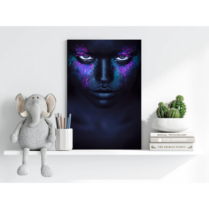 Purple galaxy neon face canvas art print with glitter effect