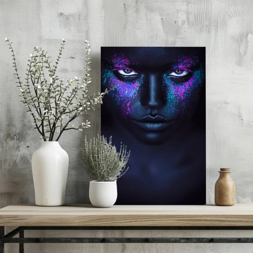 Dark blue purple abstract neon face on canvas print