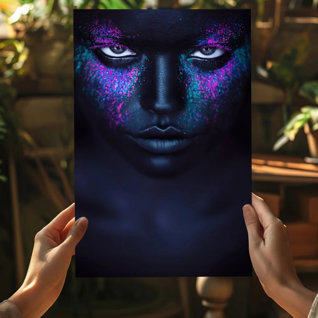 Hands holding blue purple galaxy neon face canvas art print