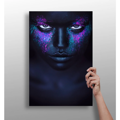 Purple Galaxy Neon Face Canvas Art Print in purple blue hues