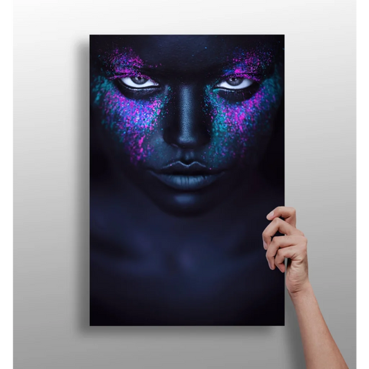 Purple Galaxy Neon Face Canvas Art Print in purple blue hues