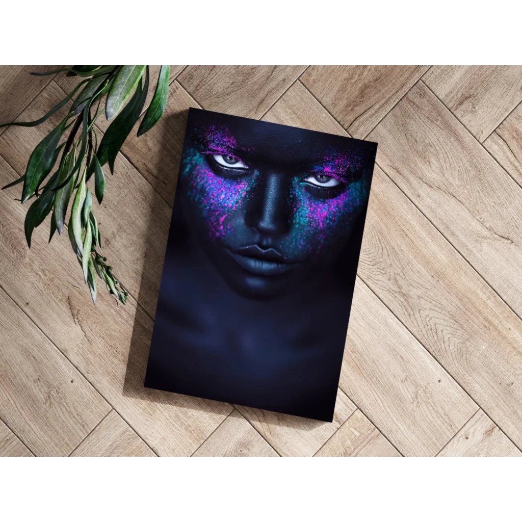 Vibrant purple galaxy neon face canvas art print for modern homes
