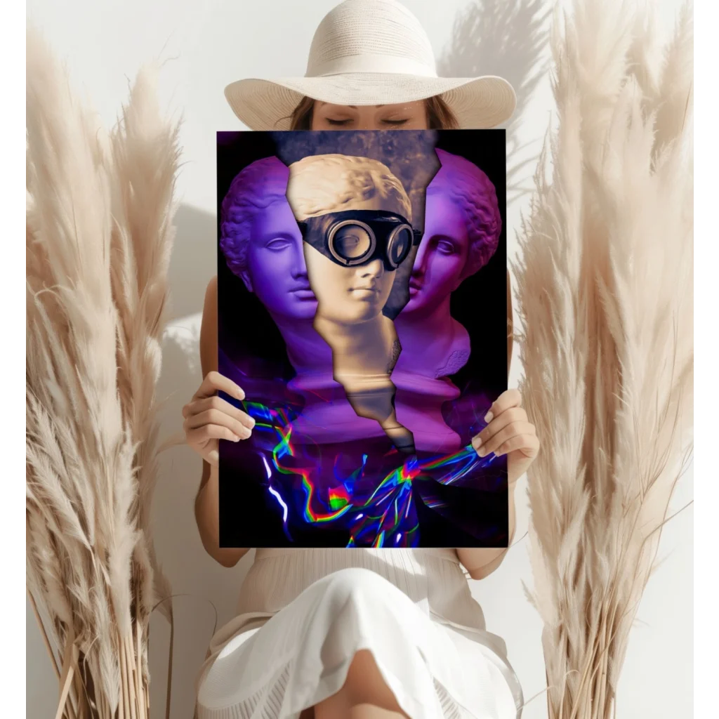 Purple Goggle Statue canvas print with rainbow lights and gold frame